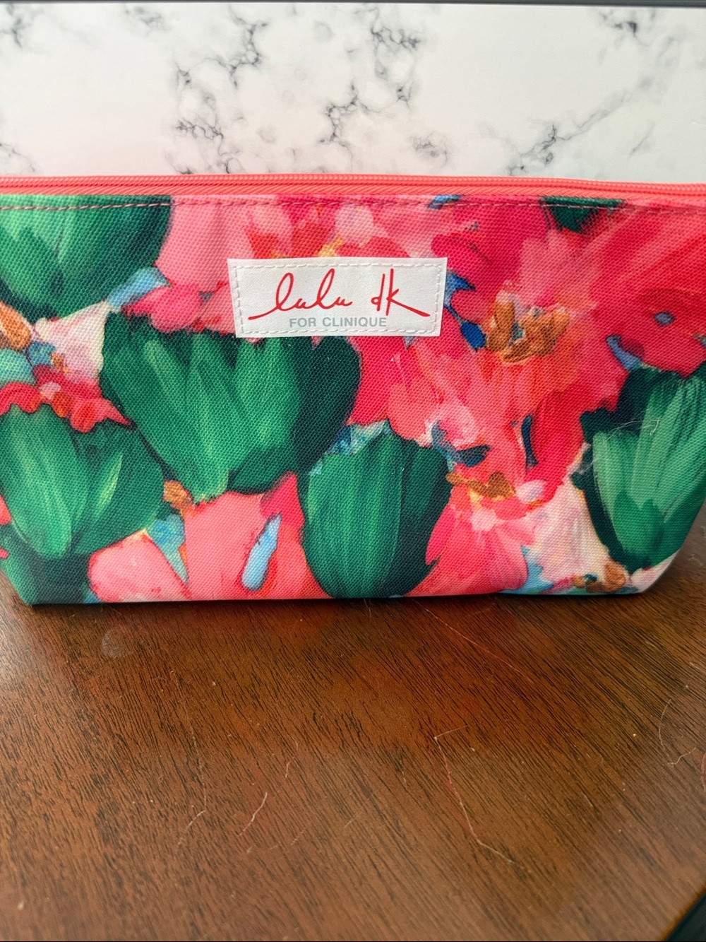 Clinique Lulu DK Floral Cosmetic Pouch in Coral Pink and Emerald Green